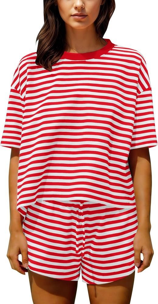Ythomm Striped Pajamas Shorts Sets Women 2 Piece Lounge Outfits Short Sleeve Tees Drawstring Shor... | Amazon (US)