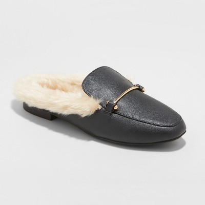 Women's Rebe Faux Leather Fur Backless Mules - A New Day™ Black | Target