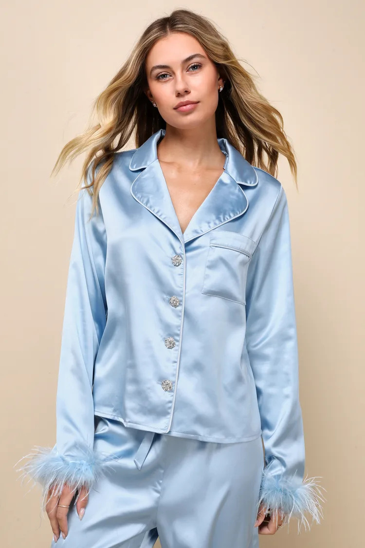 Dreamiest Delight Light Blue Satin Feather Two-Piece Pajama Set | Lulus