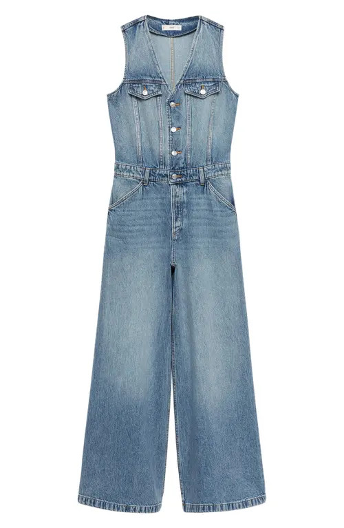 MANGO Sleeveless Wide Leg Denim Jumpsuit in Medium Blue at Nordstrom | Nordstrom