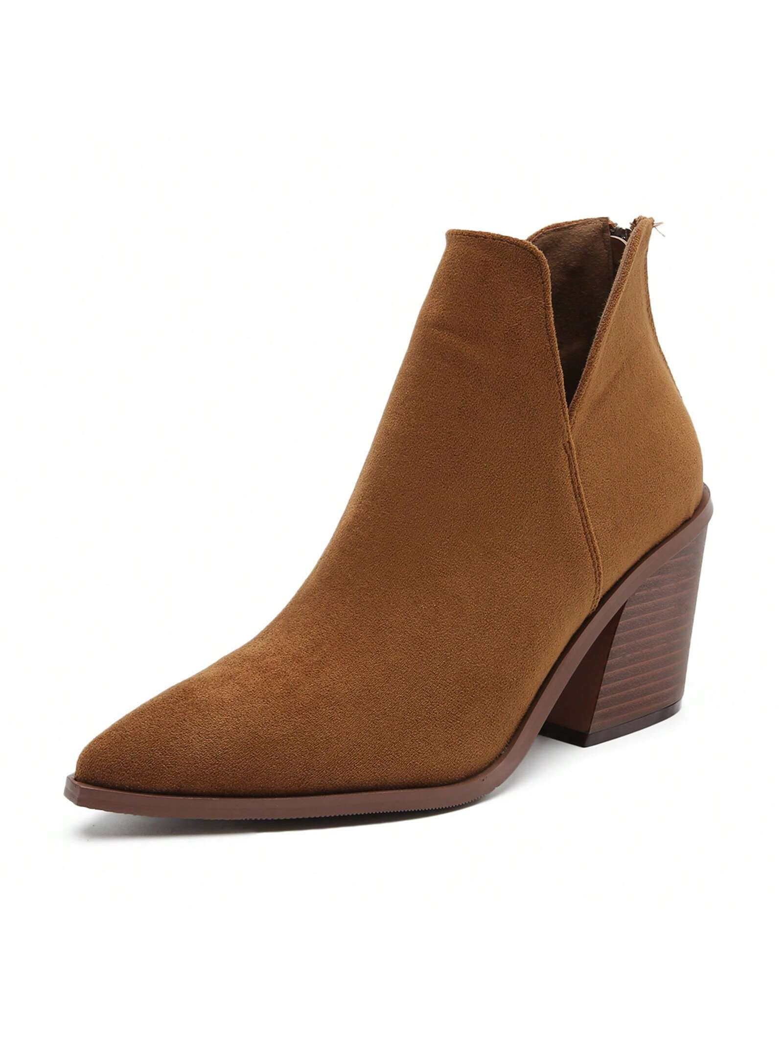 Womens Pointed Toe Stacked Mid Heel Ankle Boots V Cut Back Zipper Booties | SHEIN