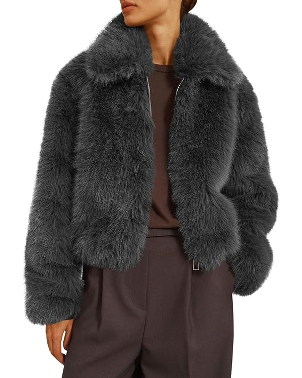 Tankaneo Womens Cropped Faux Fur Jacket Shaggy Lapel Zip Up Winter Coats Fuzzy Warm Outerwear | Amazon (US)