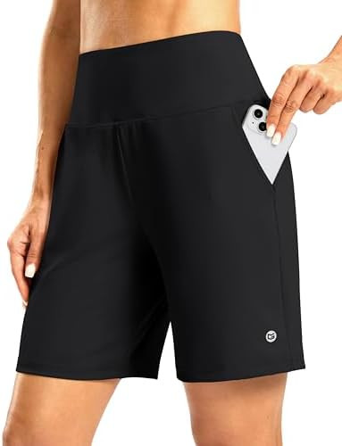 Women's Athletic Shorts with Zipper Pocket 7" High Waisted Stretchy Bermuda Shorts for Women Work... | Amazon (US)