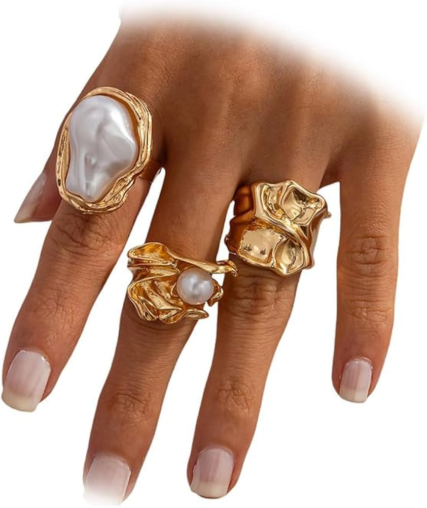 Statement Chunky Gold Irregular Big Pearl Rings Stackable for Women Non Tarnish, Unique Large Bar... | Amazon (US)