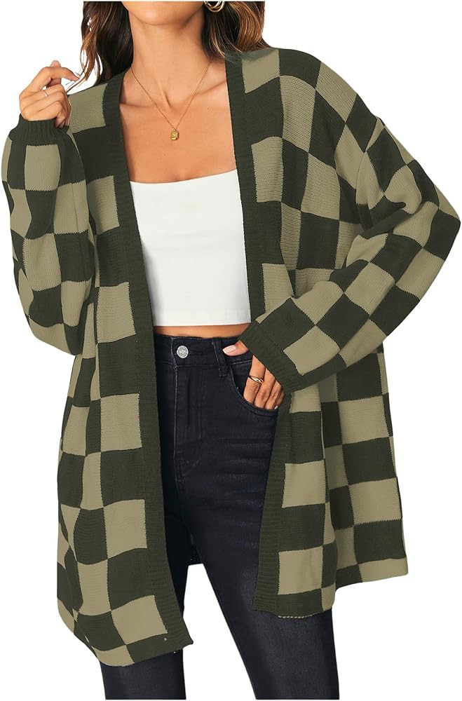 SOLY HUX Women's Long Sleeve Oversized Sweater Checkered Cardigan Open Front Outerwear Tops | Amazon (US)