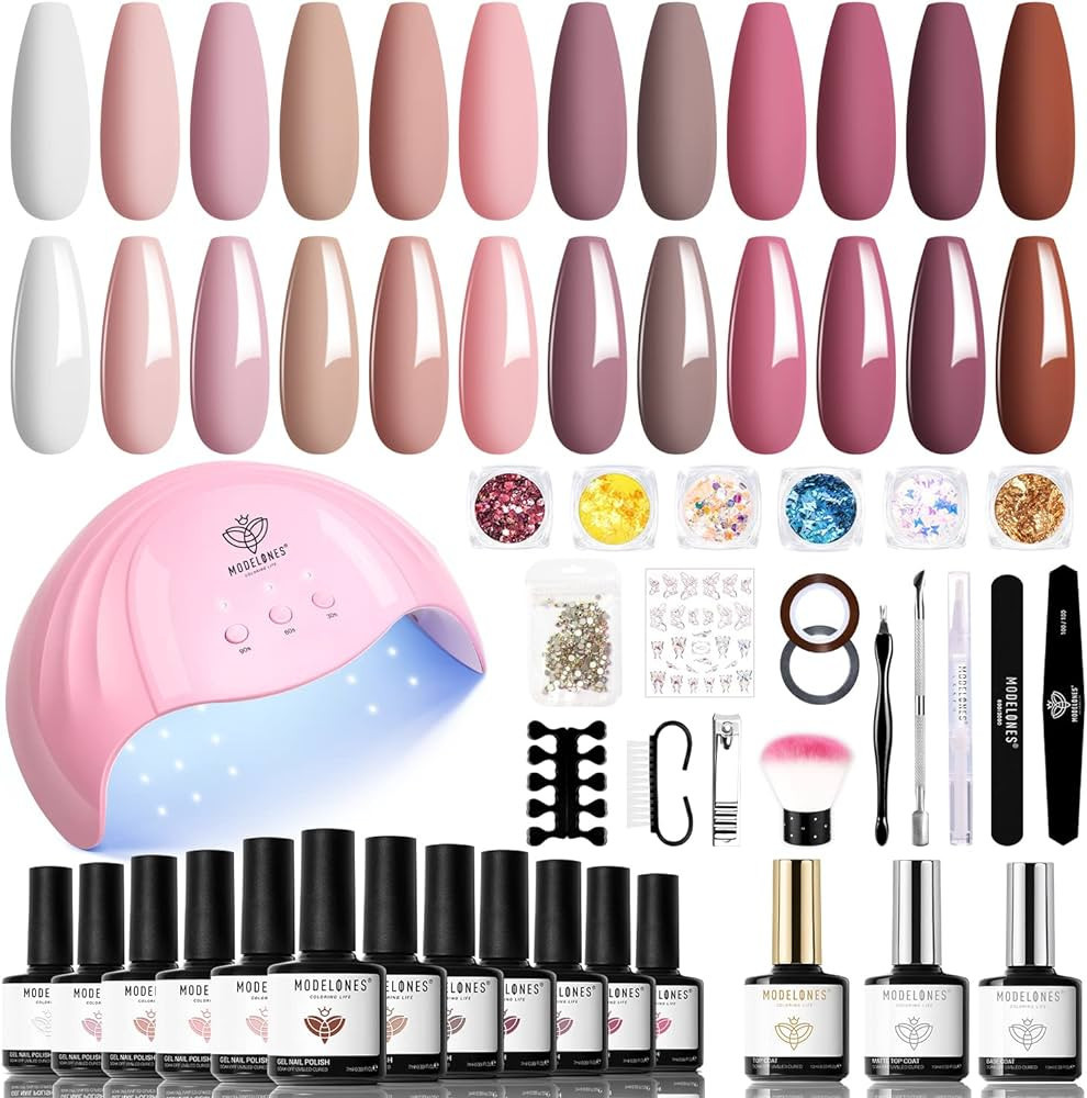 Modelones 35 Psc Gel Nail Polish Kit with U V Light 48W Nail Dryer 12 Colors Pink Skin Tone Gel N... | Amazon (US)