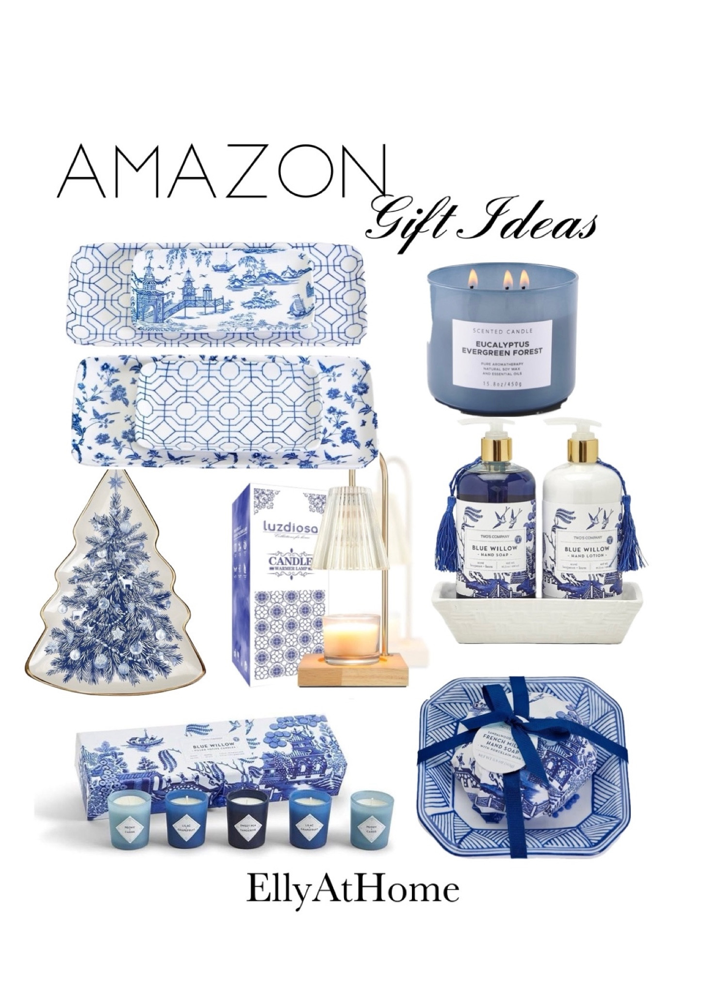 Christmas, holiday Pretty gift ideas for the blue and white lover! Packaged gifts, hand soap, trays, fragrant candles, candle warmer. From amazon home. Free shipping. Gifts for her, teacher, host, couple, new home, yourself. #LTKhome

#LTKGiftGuide #LTKHoliday