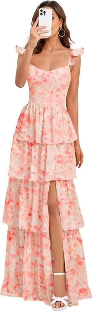 Tiered Chiffon Bridesmaid Dress Ruffle Prom Dresses for Women A Line Formal Evening Gown with Sli... | Amazon (US)