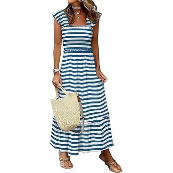 ANRABESS Womens Summer Sleeveless Maxi Dress Square Neck Smocked Boho Casual Ruffle Strap Flowy A... | Amazon (US)