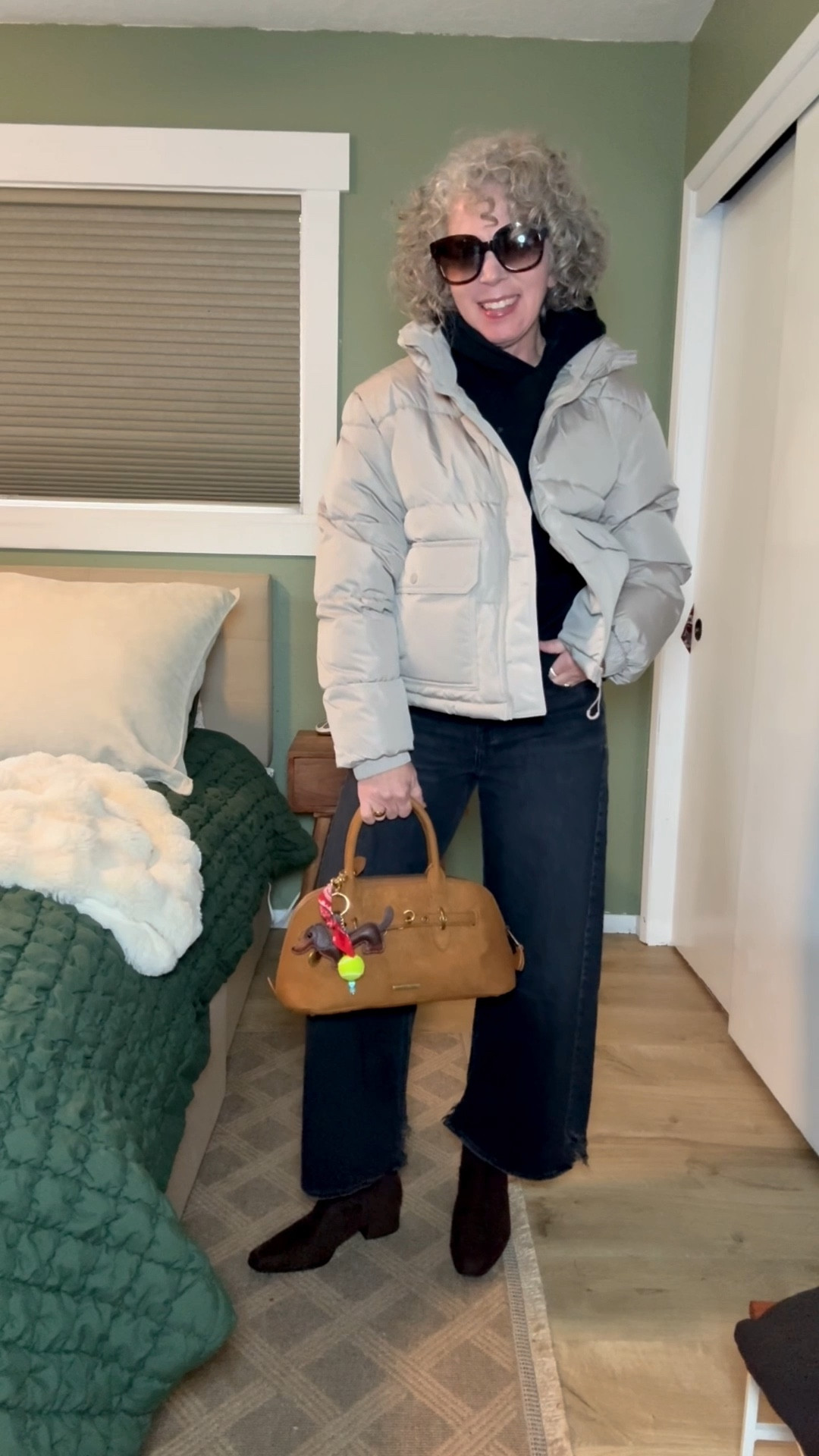 My favorite suede boots run tts
Size M jacket
My jeans are older I linked some similar options
Size M cropped hoodie, linked a full length also.
Purse and charm are Marshall’s linked similar items.
