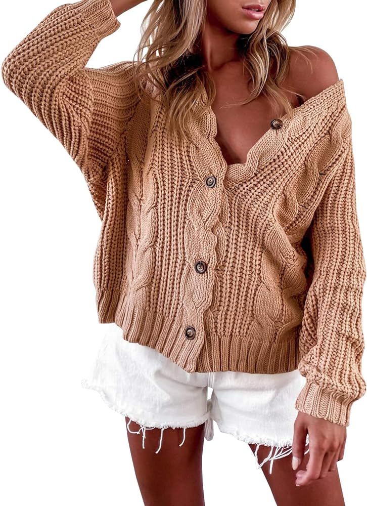 LAICIGO Women’s Button Down Cardigan Sweaters Open Front Cable Knit Off Shoulder Long Sleeve Ba... | Amazon (US)
