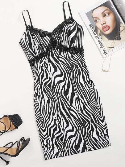 SHEIN Zebra Stripe Lace Trim Bodycon Dress | SHEIN