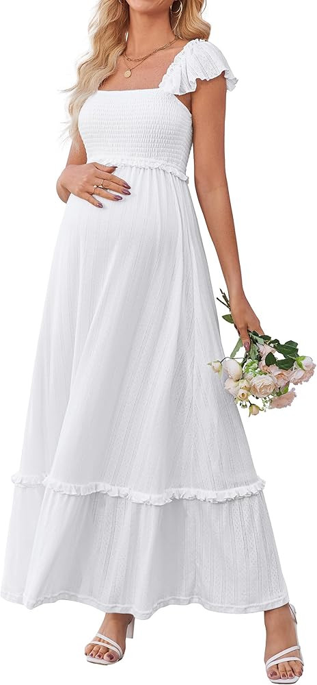OUGES Womens 2025 Summer Maternity Photoshoot Dress Boho Maxi Smocked Baby Shower Dress Ruffle Sl... | Amazon (US)
