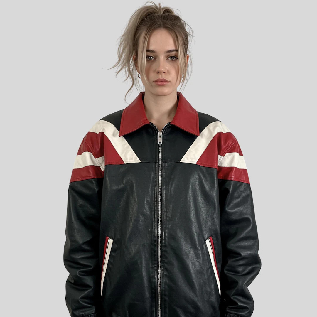 Vintage Style Leather Jacket – Black With Red & White Chevron Stripes – Retro Bomber Jacket f... | Etsy (US)