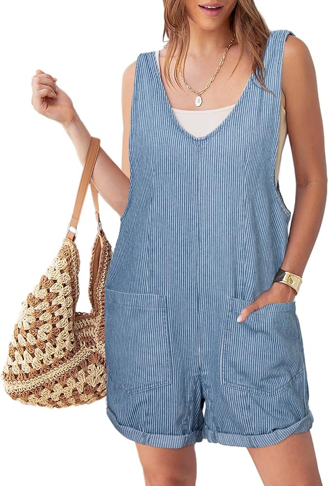 Glamaker Womens Summer Denim Romper Overall Shorts Casual Sleeveless V Neck Jean Romper Denim Out... | Amazon (US)