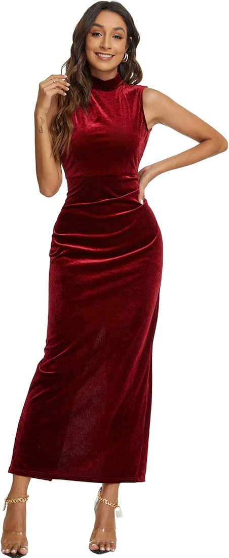 Capuffy Women's Bodycon Sleeveless Split Evening Maxi Dress Velvet Backless Ruched Cocktail Party... | Amazon (US)