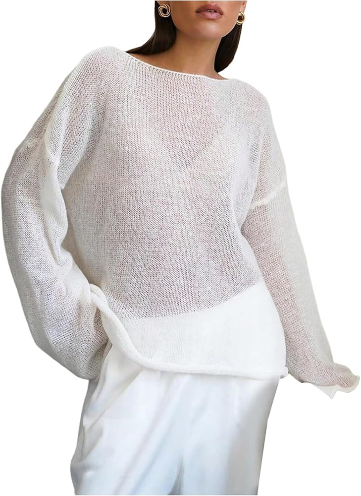 SHENHE Women's Oversized Sweater Jumper Boat Neck Lightweight Sheer Knit Top Pullover | Amazon (US)