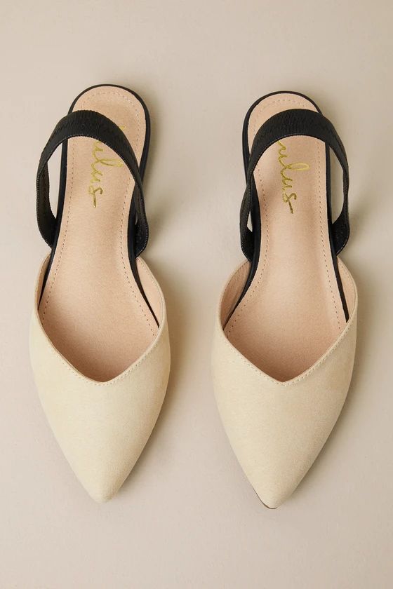 Mae Beige and Black Suede Pointed-Toe Slingback Flats | Lulus