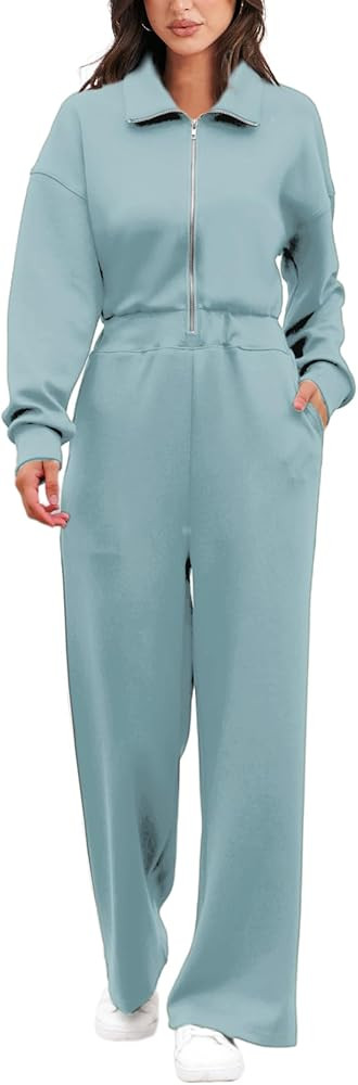 Airy Essential Long Sleeve Wide Leg Jumpsuits Women Casual Zip Up One Piece Romper Pockets | Amazon (US)