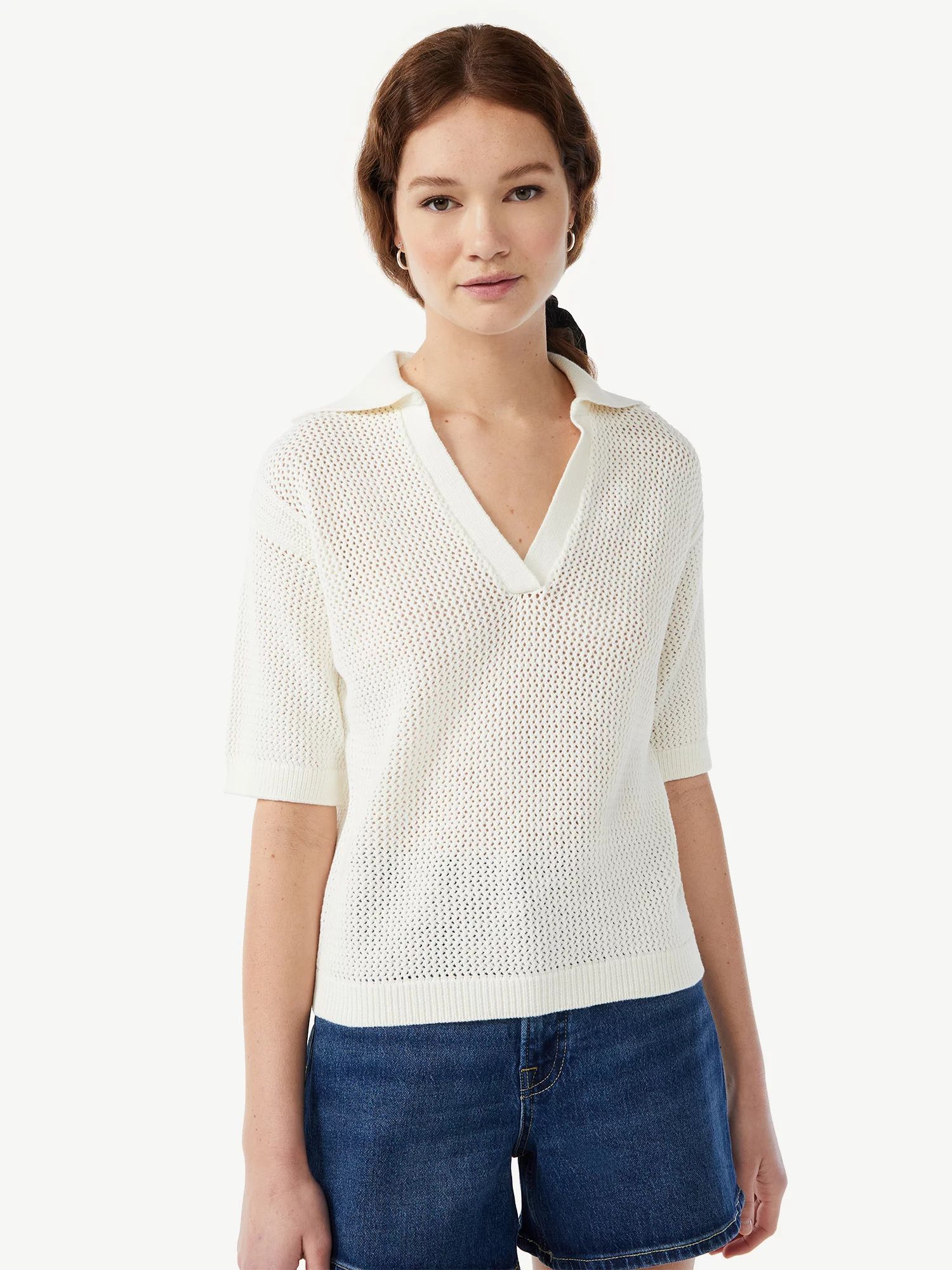 Free Assembly Women's Crochet Polo Sweater with Short Sleeves | Walmart (US)