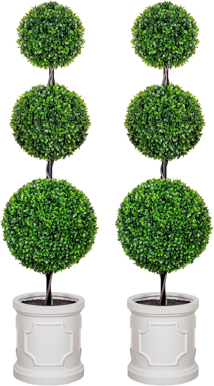 4FT Artificial Triple Ball Topiary Trees with Roman Style Vintage White Planter Pot, Outdoor Indo... | Amazon (US)
