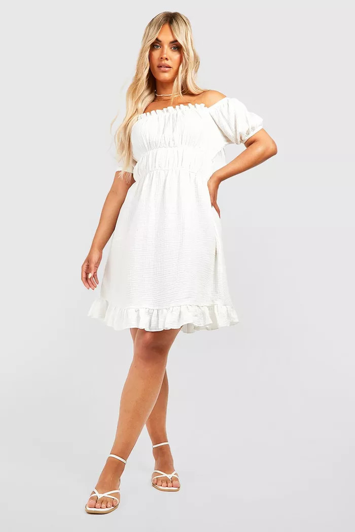 Plus Off Shoulder Shirred Skater Dress | Boohoo.com (US & CA)