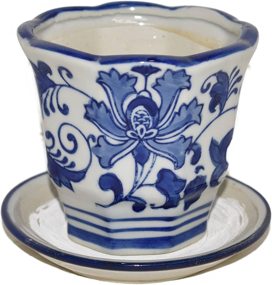 4" Beautiful Scalloped Top Oriental Lotus Flowers & Vine Blue & White Ceramic Planter Pot with Sa... | Amazon (US)