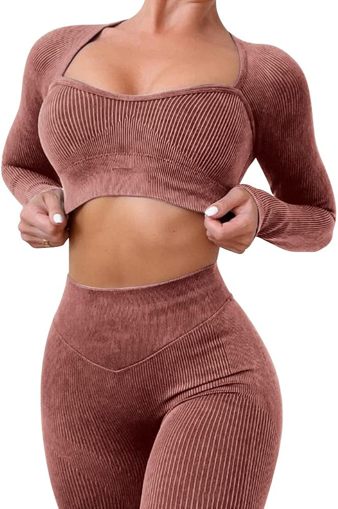 Workout Sets for Women Long Sleeev 2 Piece Yoga Outfits Seamless Ribbed Sweetheart Neck Crop Top ... | Amazon (US)