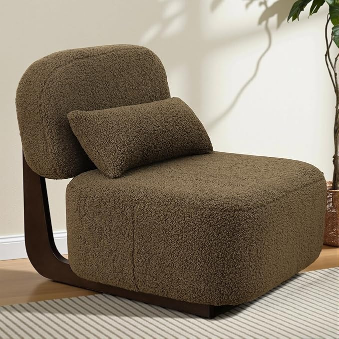 Mid-Century Modern Accent Chair with Pillow, Lamb Sherpa Upholstered Fabric Living Room Side Chai... | Amazon (US)