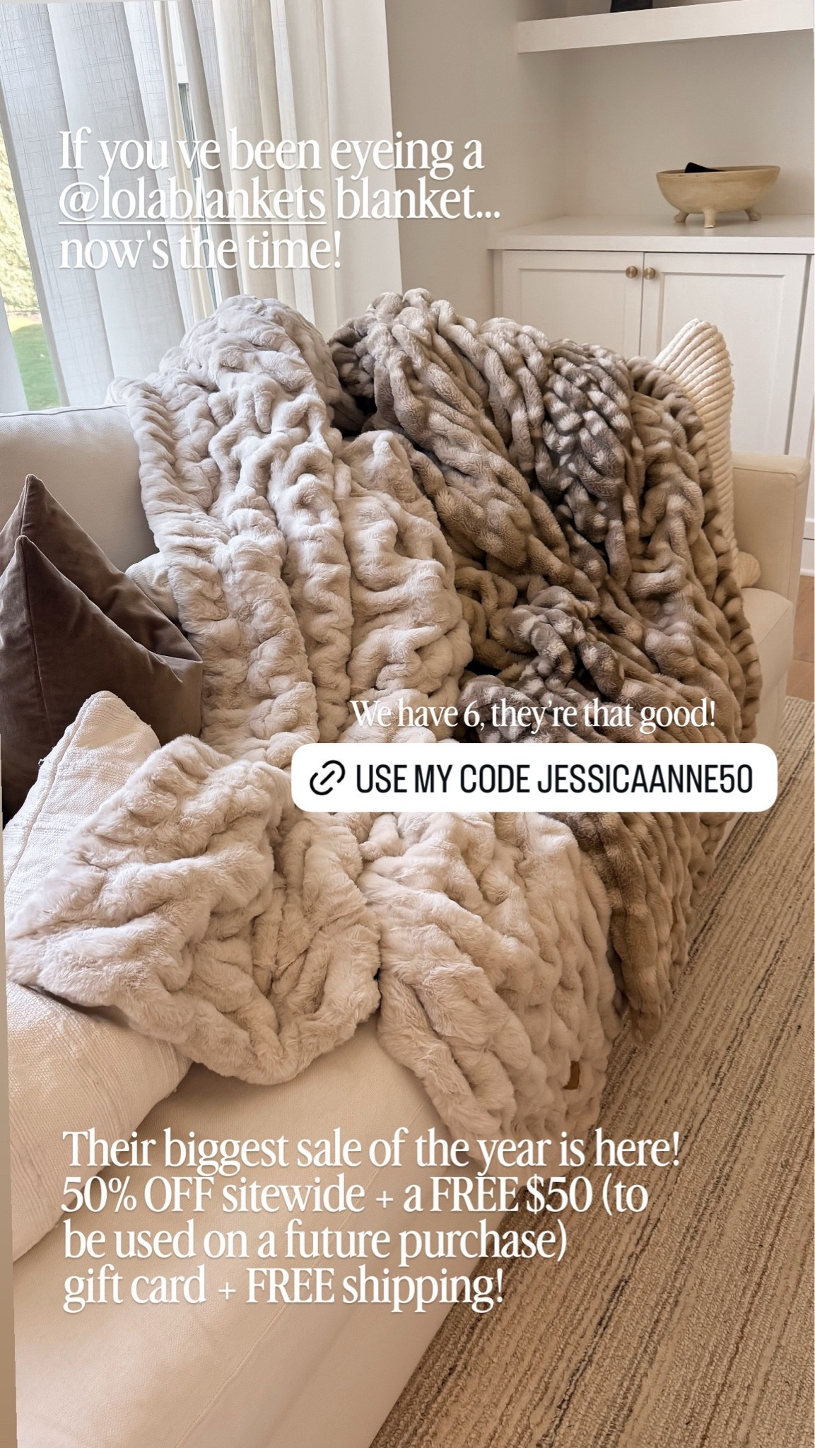 Lola blankets is having their biggest sale of the year! Use code JESSICAANNE50

For 50% OFF sitewide + a FREE S50 tO be used on a future purchase) gift card + FREE shipping!

#LTKSaleAlert #LTKHome