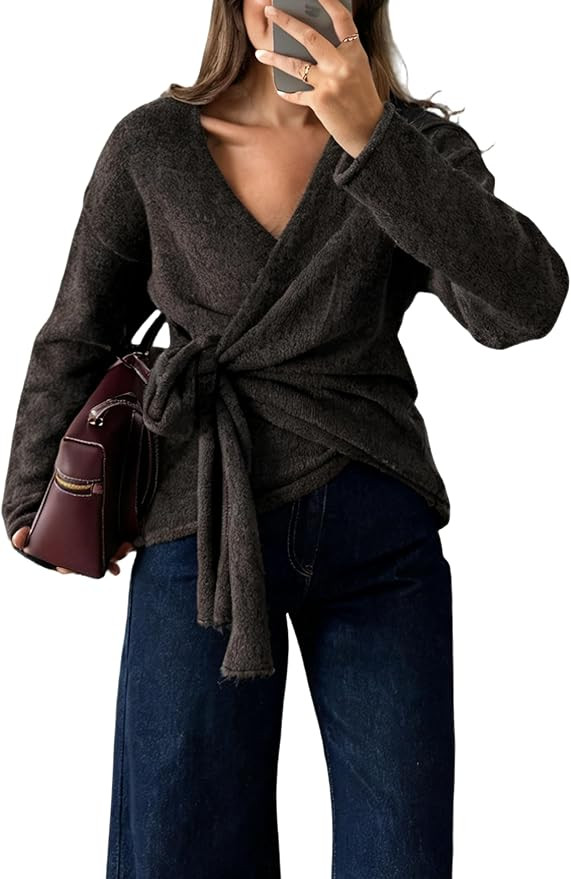 Watashi Women Casual V Neck Wrap Sweater Long Sleeve Cozy Self Tie Belted Knit Sweaters Fall Wint... | Amazon (US)