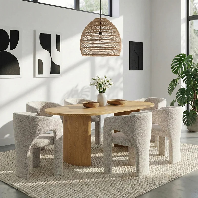 7-Piece Modern Dining Set With 79" Oval Pedestal Table & 6 Sculptural Upholstered Arm Chairs | Wayfair North America