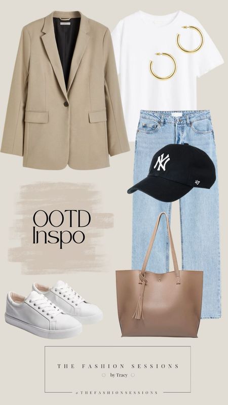 Outfit Inspiration | Neutrals | Blazer | White T | Blue Jeans | Baseball Cap | Everyday Wear