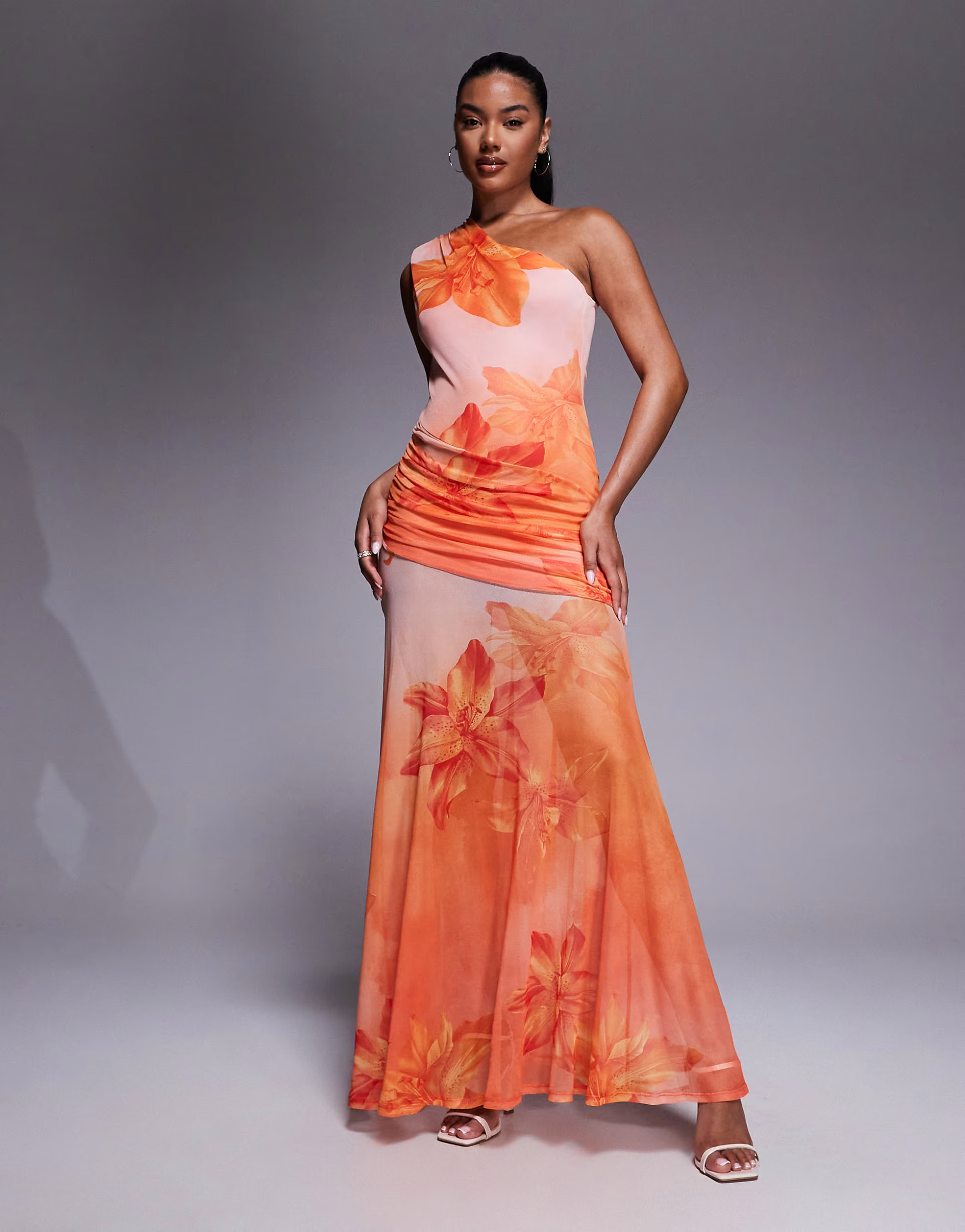 ASOS DESIGN one shoulder contrast bodice detail maxi dress with printed sheer skirt | ASOS (Global)