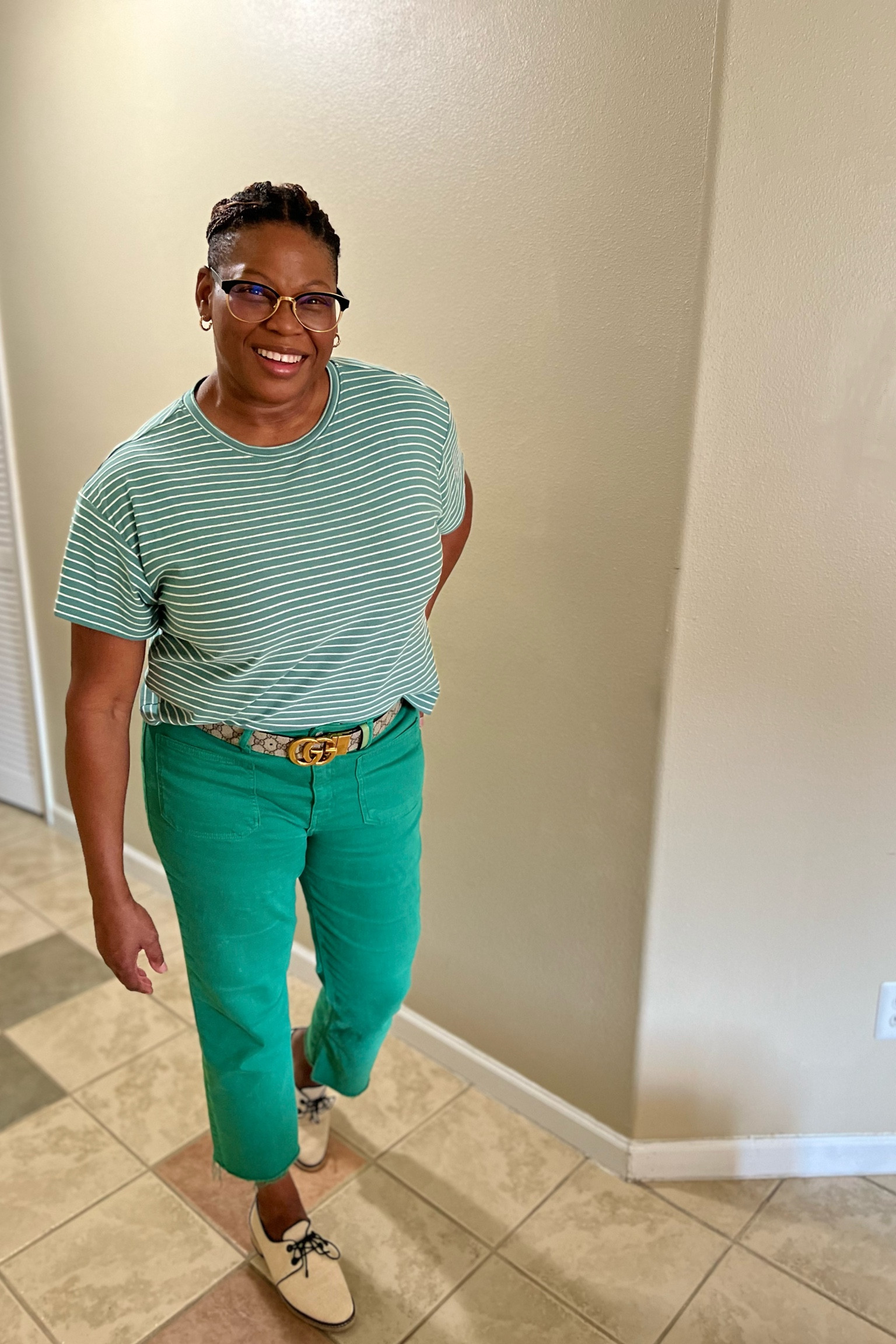 Green jeans. Gucci belt. Stripe Green top from Marine. Shoes from Tory Burch, vintage.
Shop your closet!

#LTKFind