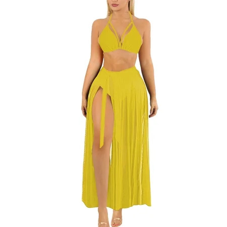 Pink Queen Women s 3 Piece Bikini Set Swimsuit with Sheer Mesh Skirt Cover Ups Yellow S | Walmart (US)