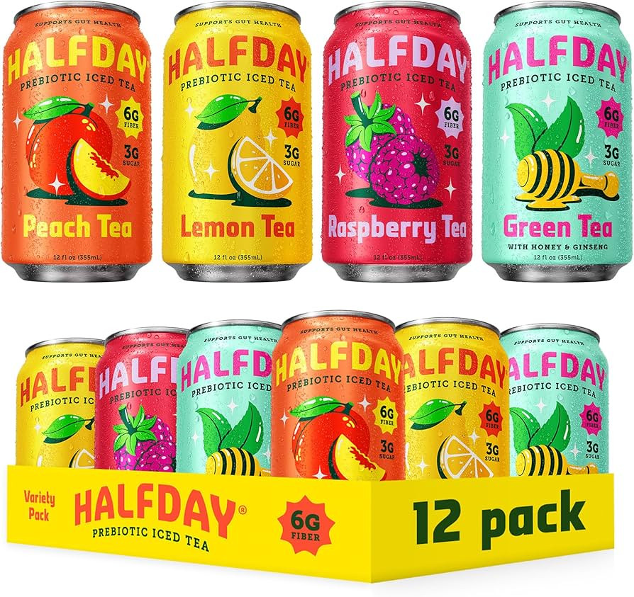 HALFDAY Prebiotic Iced Tea Lemon, Peach, Raspberry and Green Tea with Honey & Ginseng Variety Pac... | Amazon (US)
