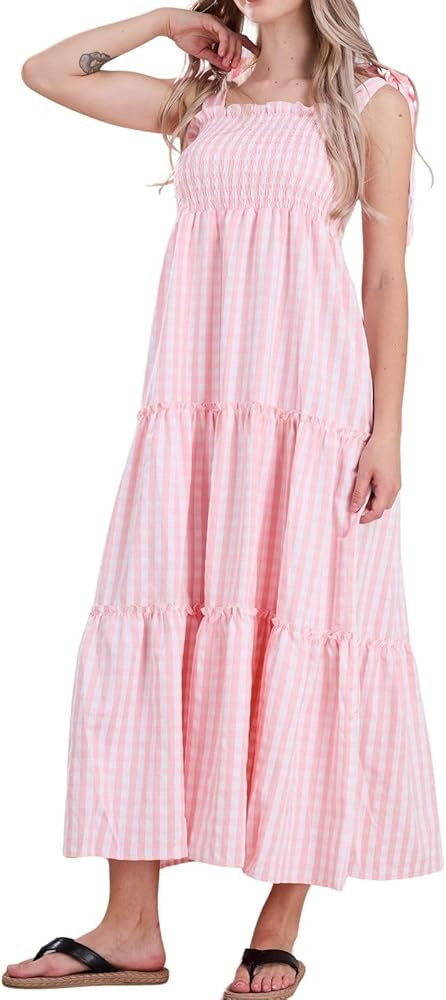 utcoco Women's 2024 Summer Boho Plaid Smocked Dress Spaghetti Strap Square Neck A Line Tiered Lon... | Amazon (US)