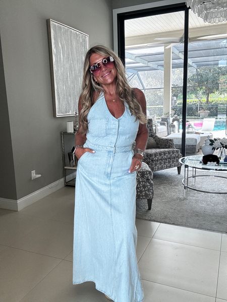 So in love with this denim halter maxi dress. Vacation outfit. Summer outfits  

#LTKFindsUnder50 #LTKOver40 #LTKTravel