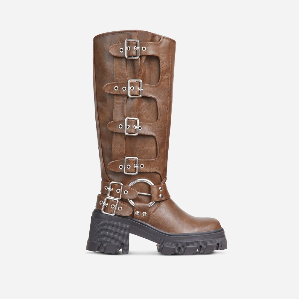Buckle-Up-Now Side Buckle Detail Chunky Sole Mid Calf Biker Boot In Brown Faux Leather | EGO (UK)