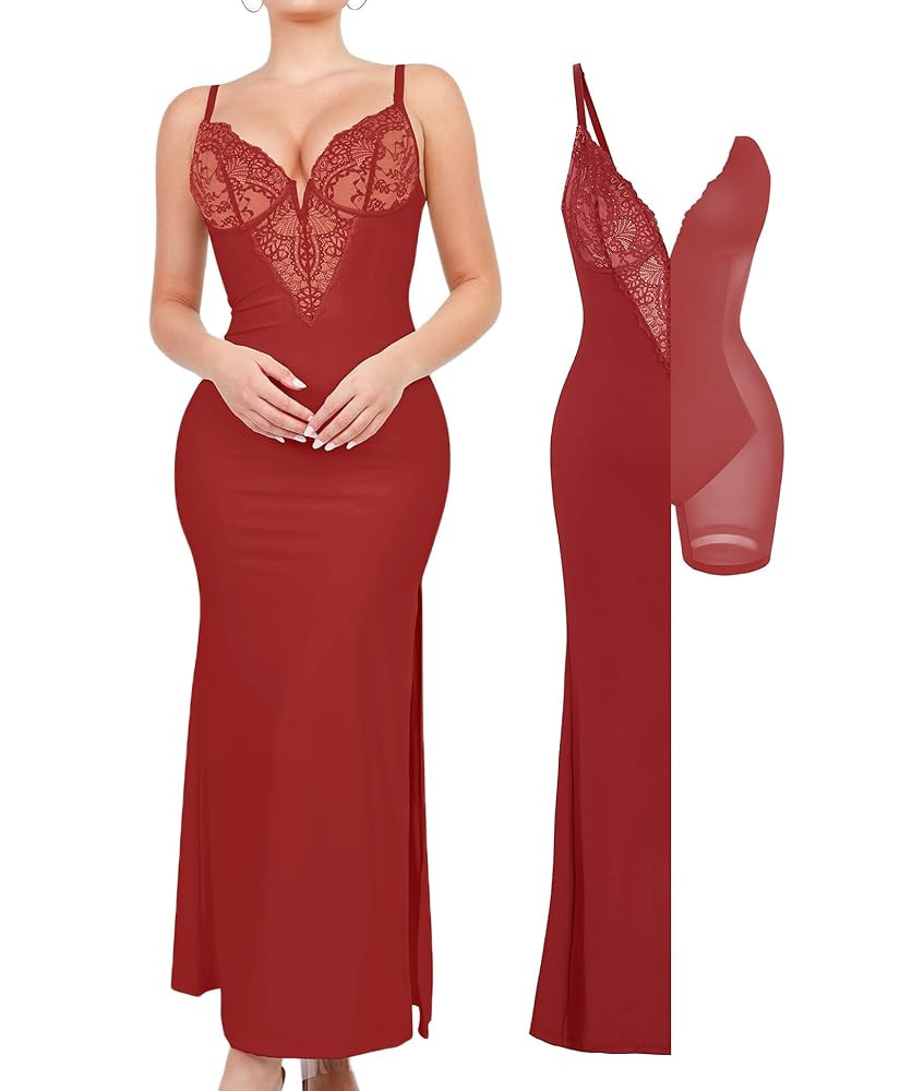 Popilush Maxi Dresses for Women Deep V Neck Shapewear Lace Satin high Slit Bodycon Cocktail Dress... | Amazon (US)