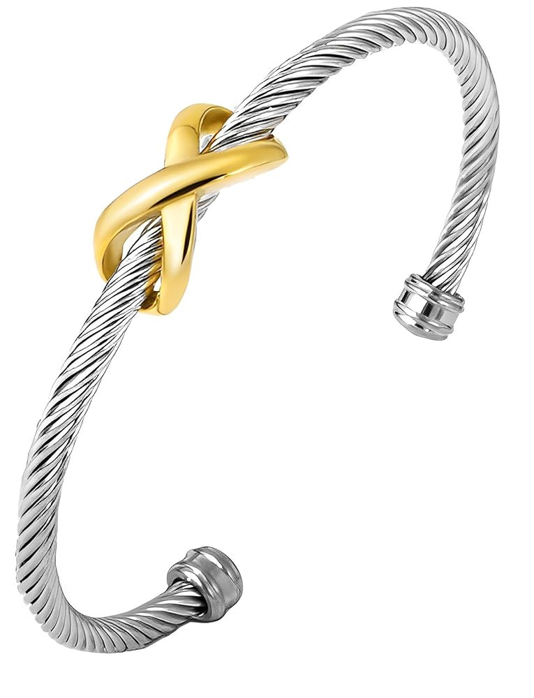 Cuff Bangle Bracelet, Stainless Steel Twisted Cable Wire Bangle Bracelet, Two Tone Vintage Bracel... | Amazon (US)