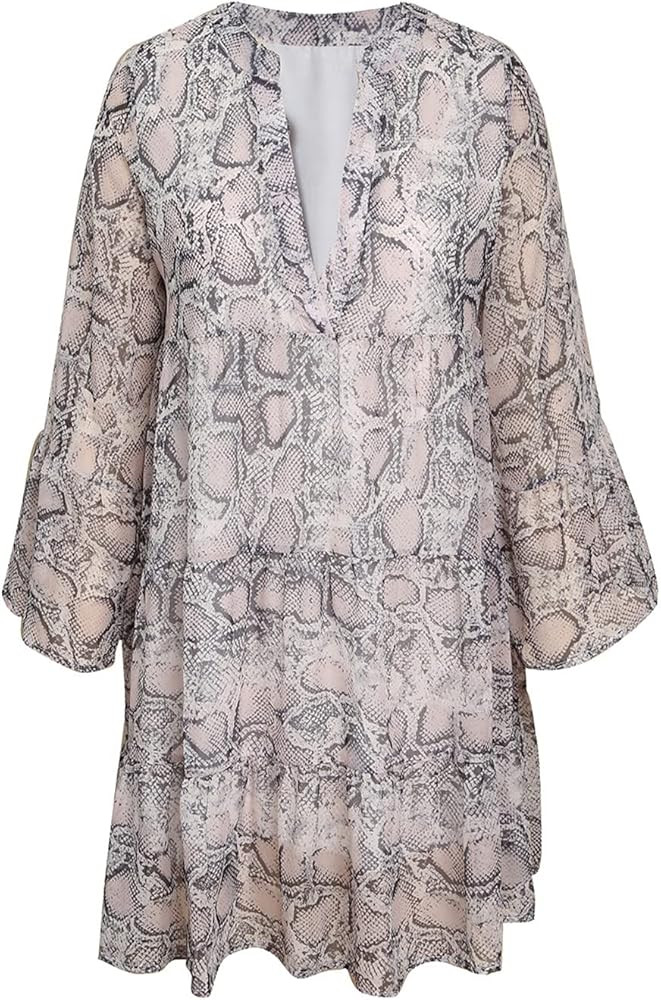 Happy Sailed Womens Long Sleeve V Neck Tunic Dress Leopard Print Swing Party Midi Dress | Amazon (US)