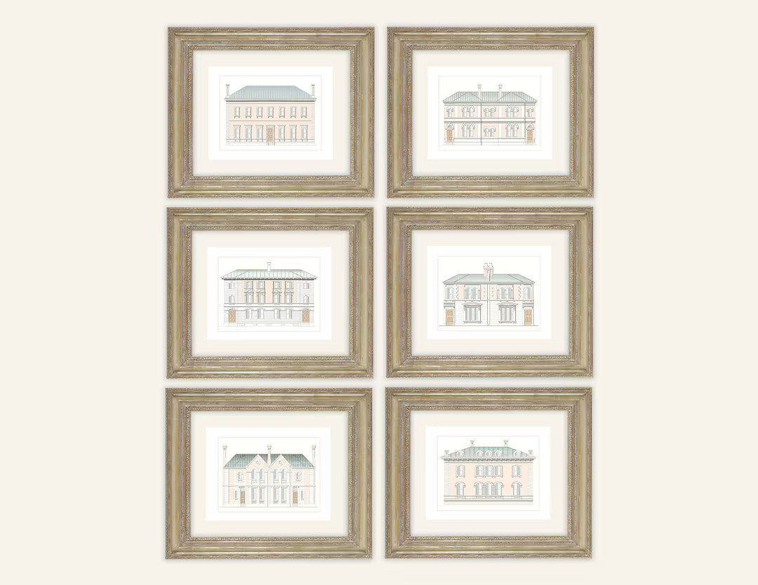 Set of 6 Architectural Prints of Pastel English Manor House Drawings on Archival Watercolor Paper... | Etsy (US)