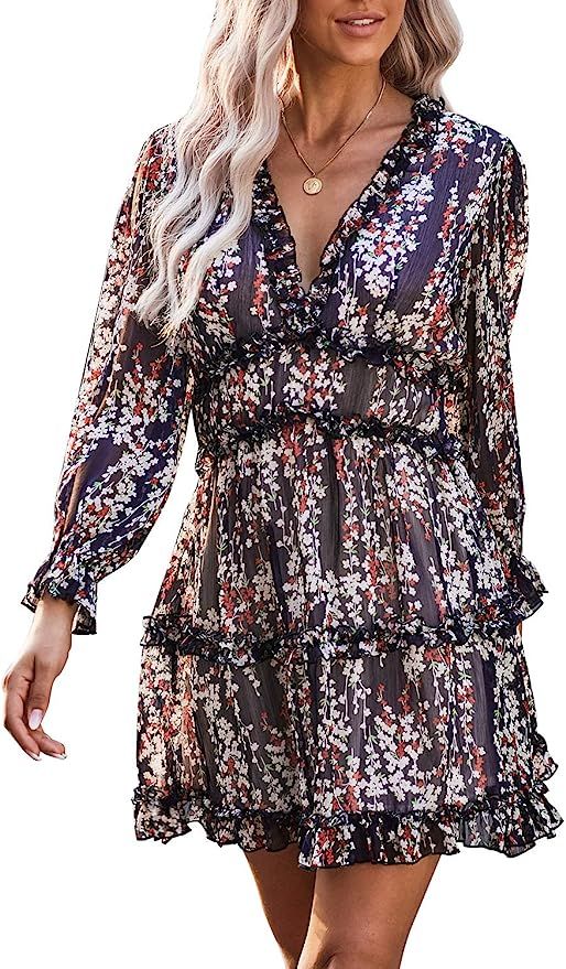 Bdcoco Womens Long Sleeve Floral Print Mini Dress V Neck Backless Swing Short Dress | Amazon (US)