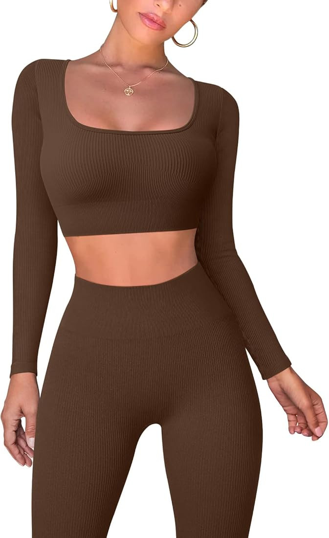 Visit the OQQ Store 4.4  610 Workout Outfits for Women 2 Piece Ribbed Exercise Long Sleeve | Amazon (US)