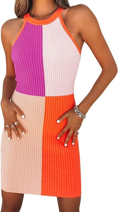 AlvaQ Women Halter Neck Colorblock Ribbed Tank Dress Summer Sleeveless Bodycon Short Mini Dresses | Amazon (US)