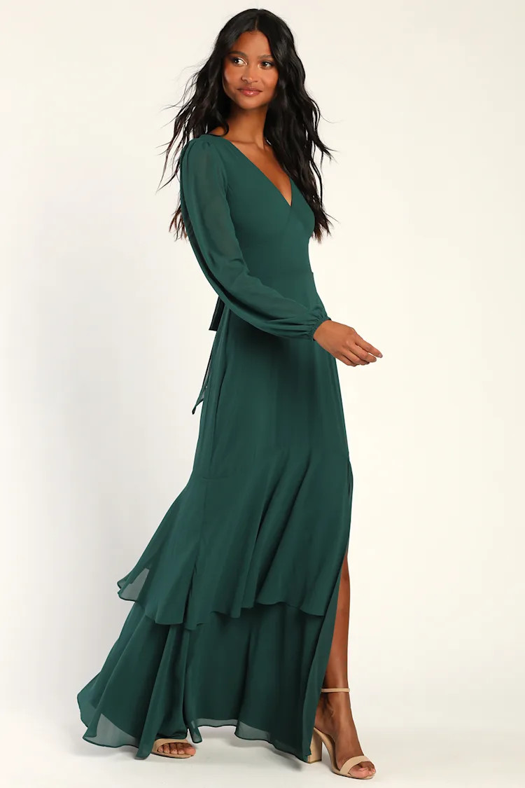 Tier Elegance Hunter Green Long Sleeve Tiered Maxi Dress | Lulus