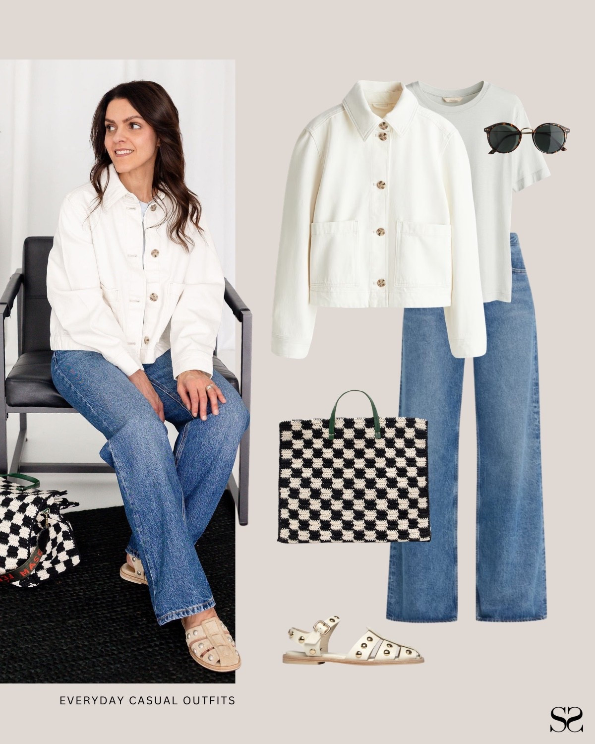 Outfit ideas for when getting dressed has to be easy: The jacket does all the work.

White chore jacket, sage tee, wide leg jeans, checkered tote, studded sandals, tortoise sunglasses

#LTKootd #LTKgrwm