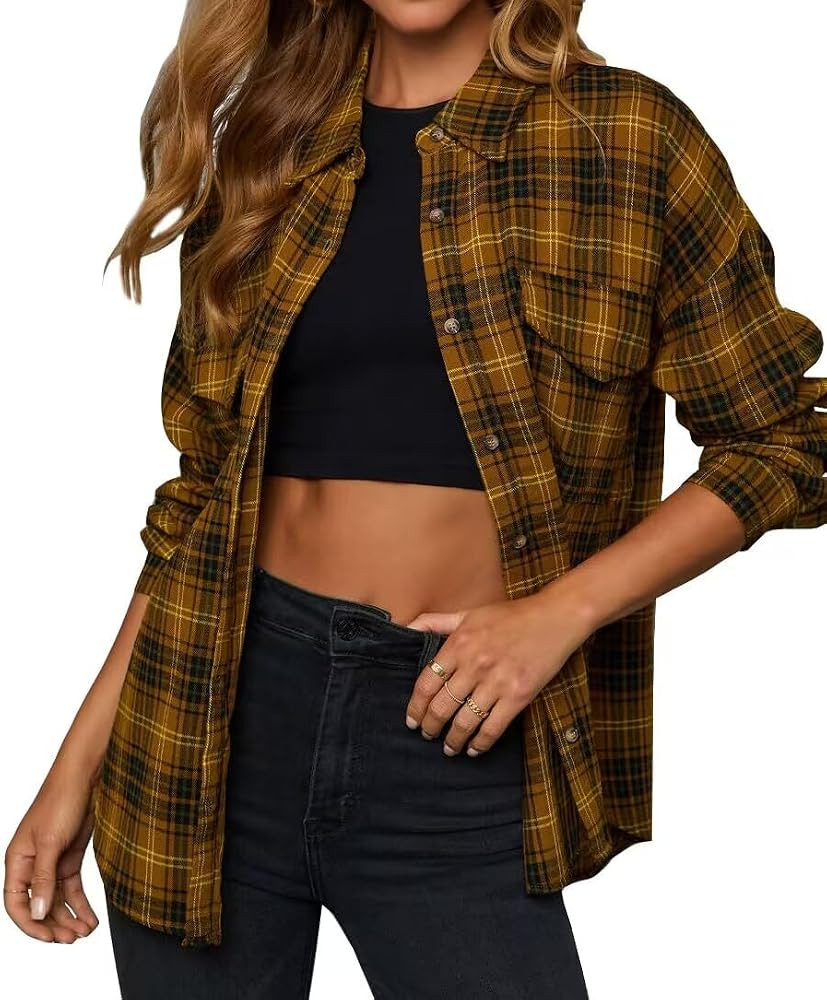 Lacozy Womens Buffalo Plaid Flannel Shirt Long Sleeve Collar Button Down Blouses Tops | Amazon (US)